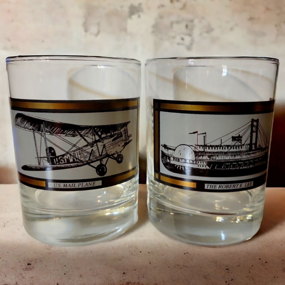 Vtg AVON Set 2 Glasses "America On The Move" U.S. Mail Plane & The Robert E. Lee